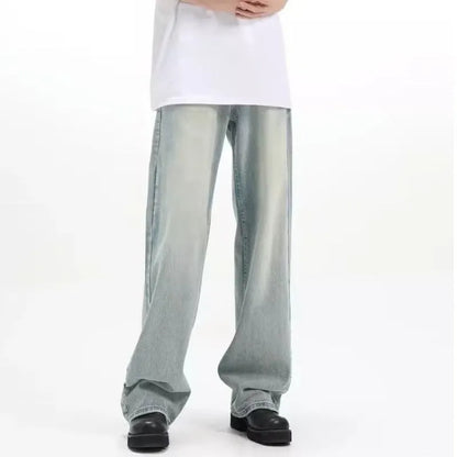 Blue retro loose casual trousers made from rabbit fur with high elasticity, showing loose fit and distinctive texture