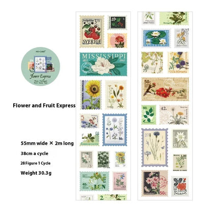 Roll of 55mm wide coated paper stamp decoration with repositionable adhesive backing for DIY journals and crafts