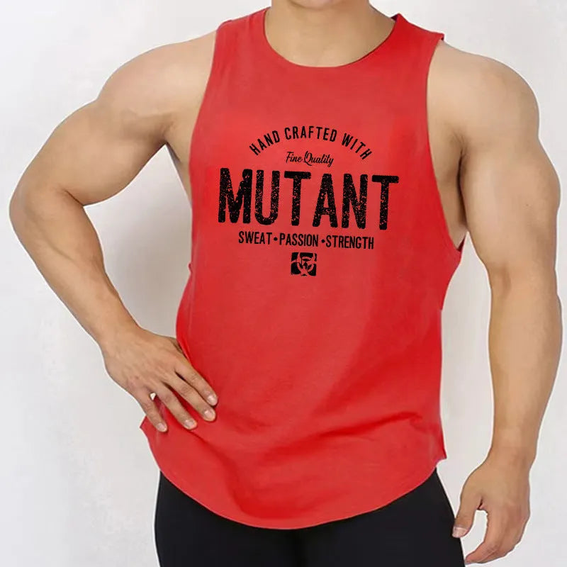 Loose-fit polyester workout tank top in multiple colours on a size chart.