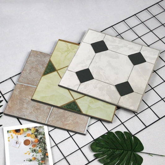 Self-adhesive vinyl flooring tile showing 30cm x 30cm dimensions with peel-and-stick backing visible