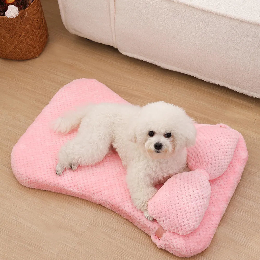 Soft plush pet bed mat with pillow in grey, khaki, or pink, sizes S to XL from 40x30x6cm to 100x60x8cm
