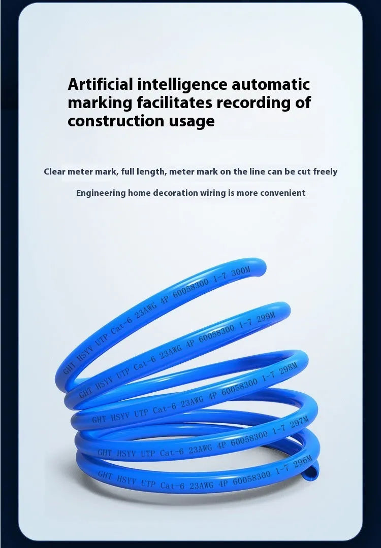 A reel of blue Category 6 network cable with oxygen-free copper core, showing the 305m length label.