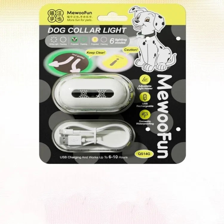 Pet luminous collar light with multicolour LED patterns and hanging ring for dog collar attachment