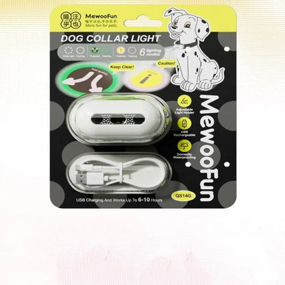 Pet luminous collar light with multicolour LED patterns and hanging ring for dog collar attachment