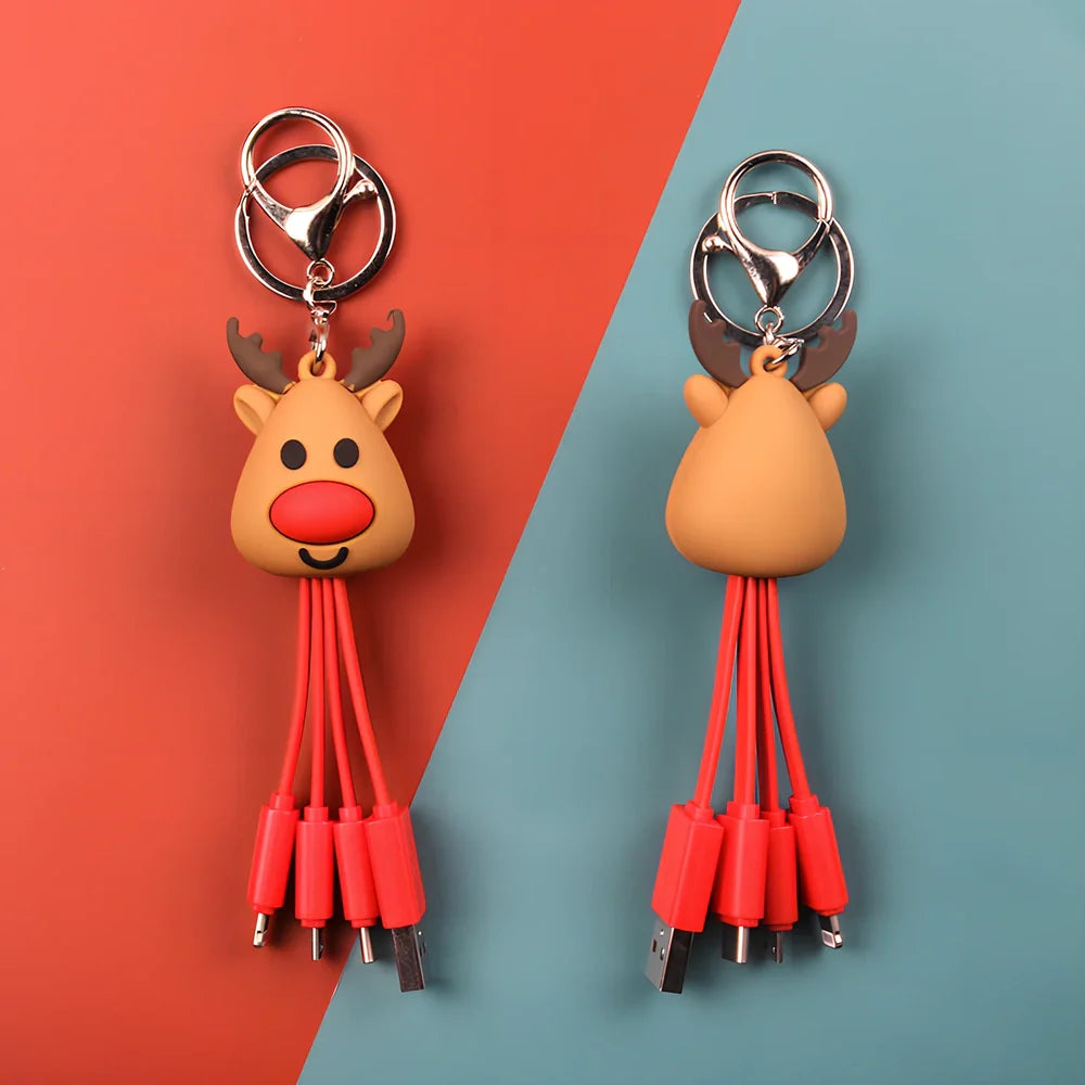Christmas data cable with reindeer design showing 55mm length and four charging ports