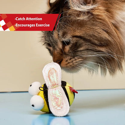 Yellow bee-shaped cat toy with flannelette fabric, motion-activated squeaking sound mechanism for interactive play