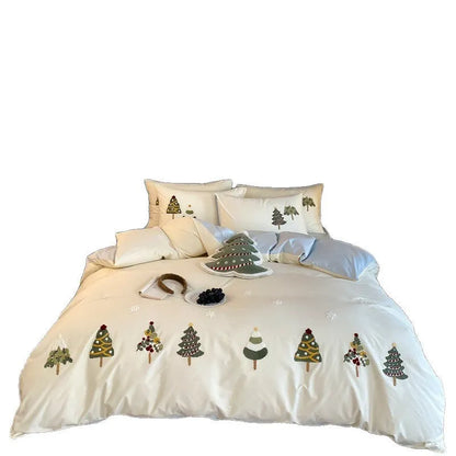 Christmas tree embroidered cotton bedding set with quilt cover, sheet, and pillowcases in cream blue or green green