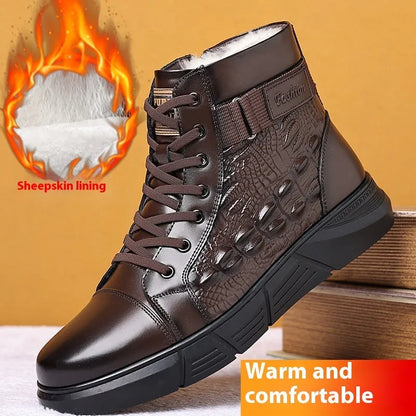 Black fur-lined genuine leather lace-up snow boots with a textured rubber sole on a wooden floor.
