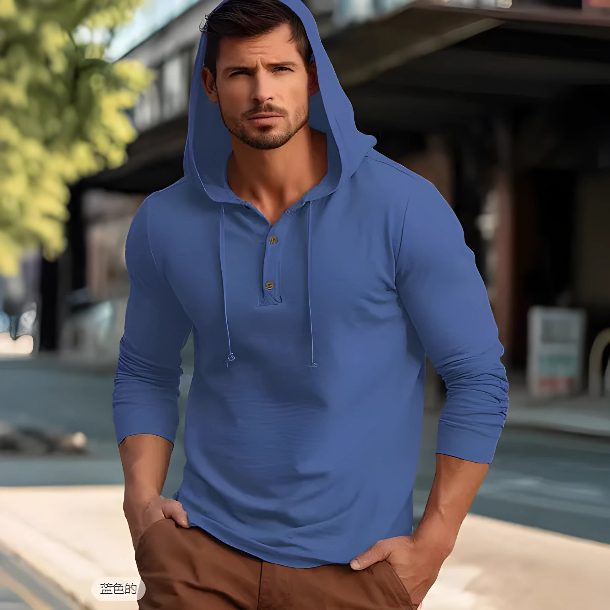 Casual cotton pullover hoodie in light green shown on a model