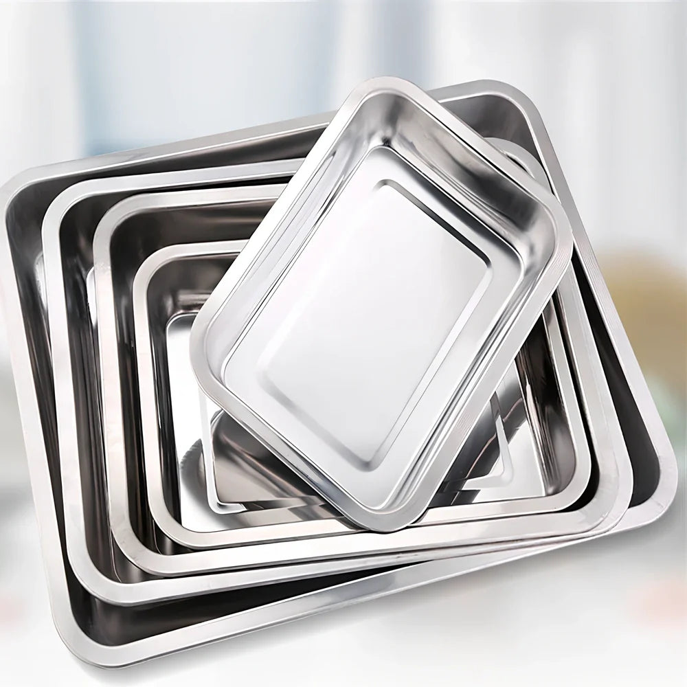 Stainless steel square food storage tray with mirror finish and smooth curled edges