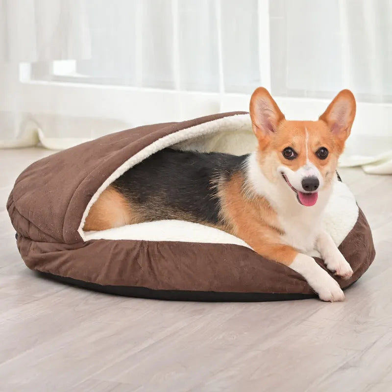Brown removable cloth dog kennel with washable cover shown beside grey version, both in S and M sizes