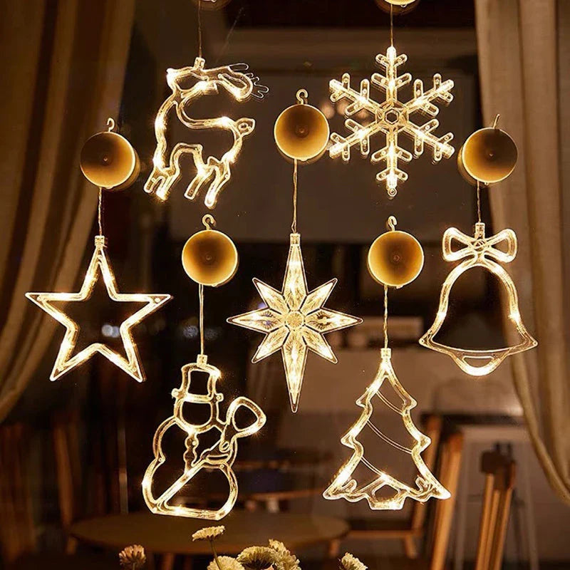 Decorative battery-powered LED chandelier lights with holiday-themed designs like Santa, snowmen, and stars