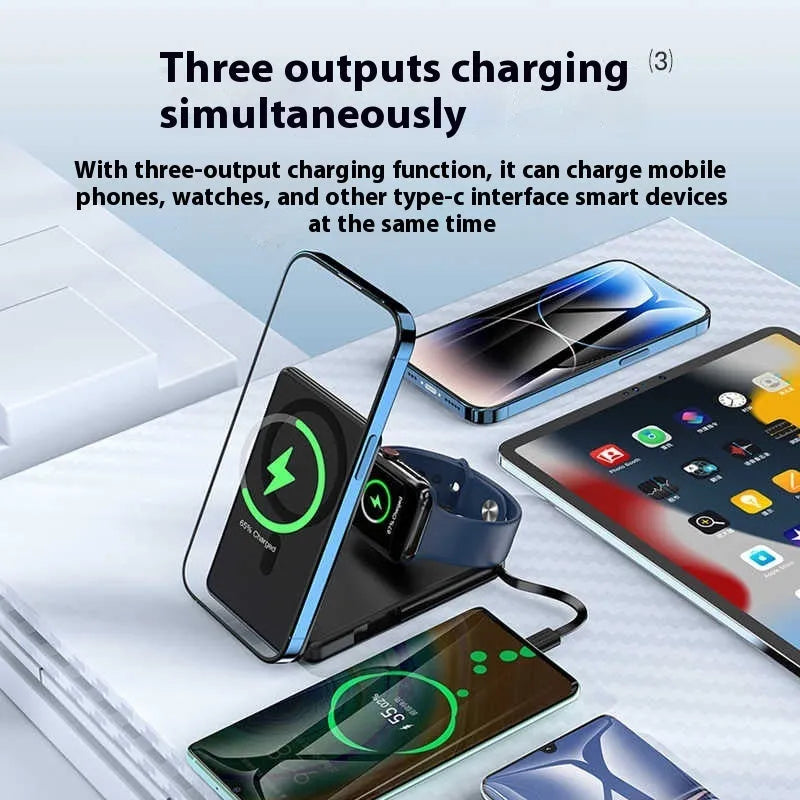 Ultra-thin black magnetic wireless power bank 5000mAh with built-in bracket and data cable, 113x70x18mm