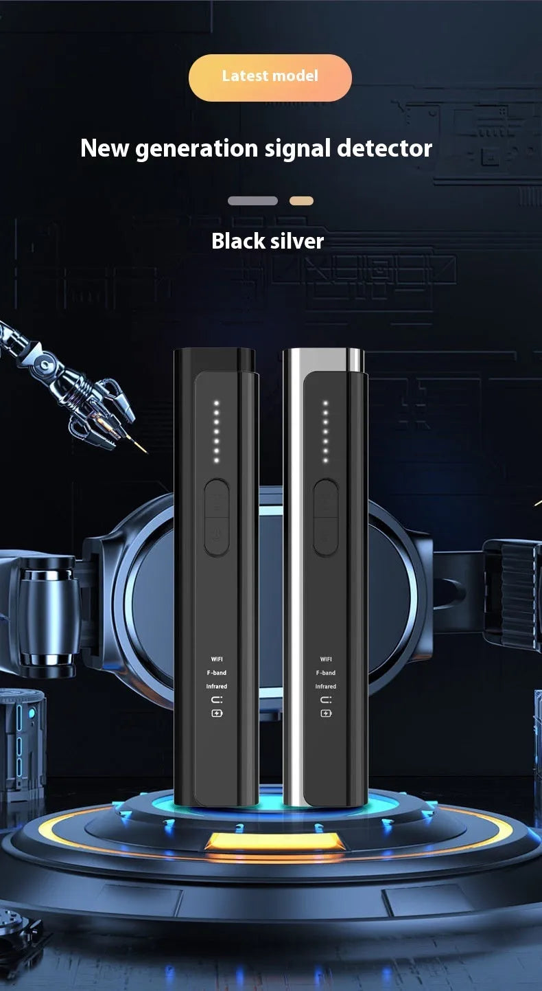 Black and silver handheld Signal Search anti spy camera detector on a plain background.