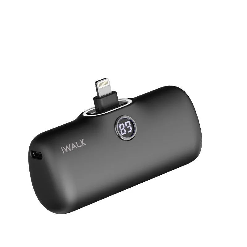 Compact lipstick-style power bank showing screen display with battery percentage, measuring 78mm x 51mm x 25mm