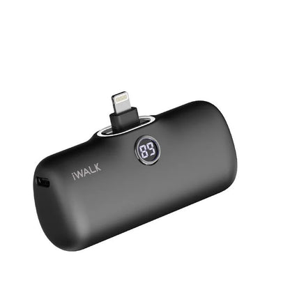Compact lipstick-style power bank showing screen display with battery percentage, measuring 78mm x 51mm x 25mm