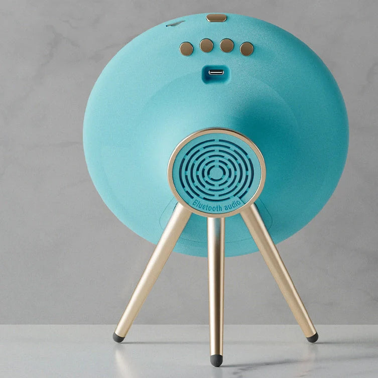 Multi-function LED mirror alarm clock with wireless charging and Bluetooth speaker in blue and white