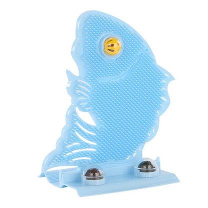 Blue fish-shaped cat wall scratcher with grooming brush, two catnip balls, and bell on white base