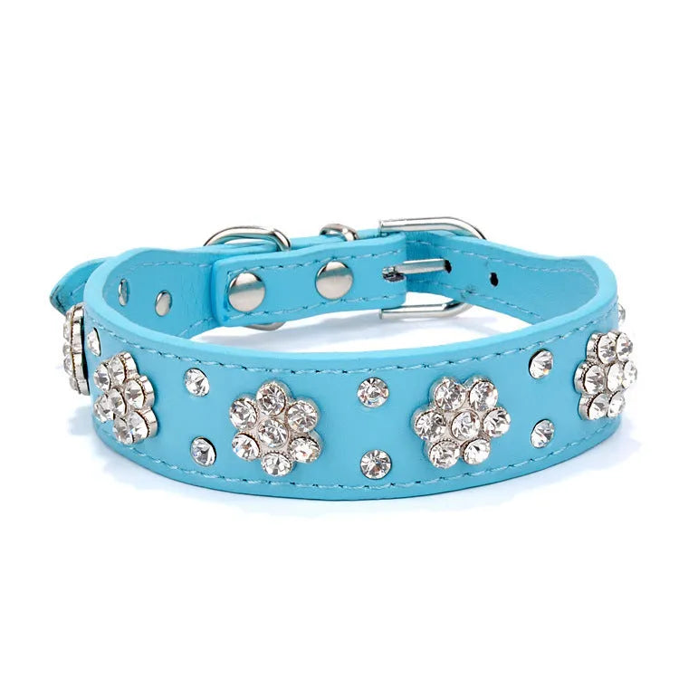 PU leather dog collar with rhinestone flower pattern and metal studs, adjustable for small and medium dogs