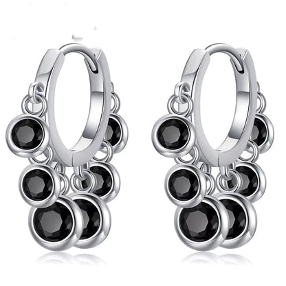 Copper inlaid round zircon earrings with black tassel design