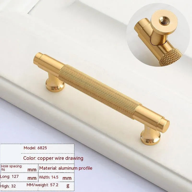 Brushed brass aluminium furniture handle shown alongside hole spacing options of 96mm, 128mm, and 160mm.