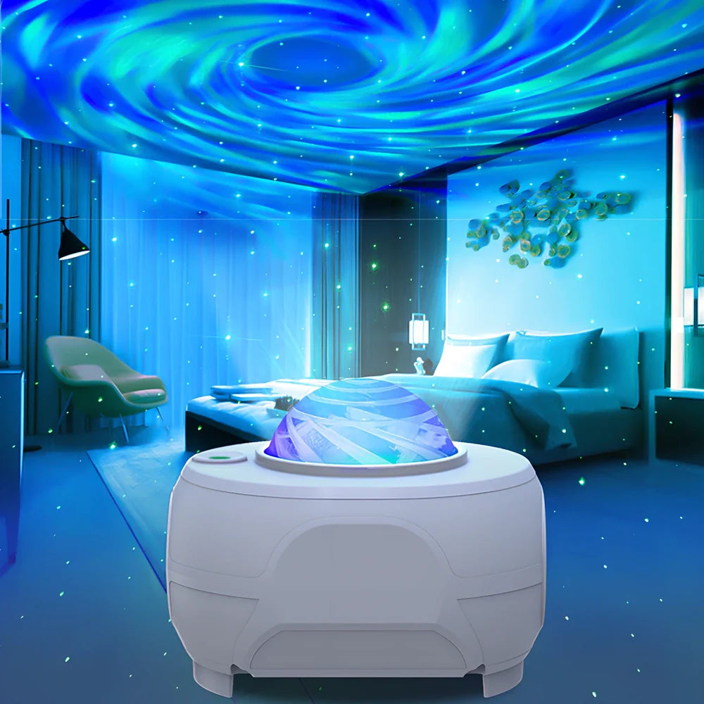 White Swirl Moon Star Laser Atmosphere Lamp projecting celestial patterns with remote control