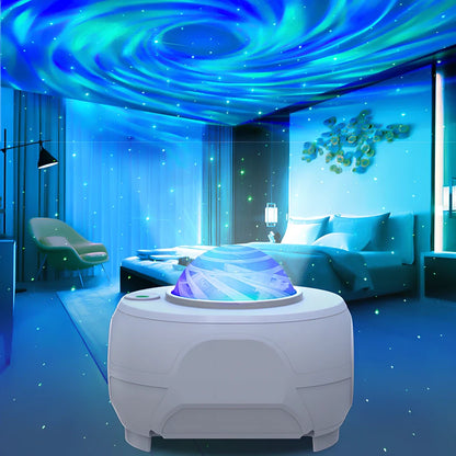 White Swirl Moon Star Laser Atmosphere Lamp projecting celestial patterns with remote control