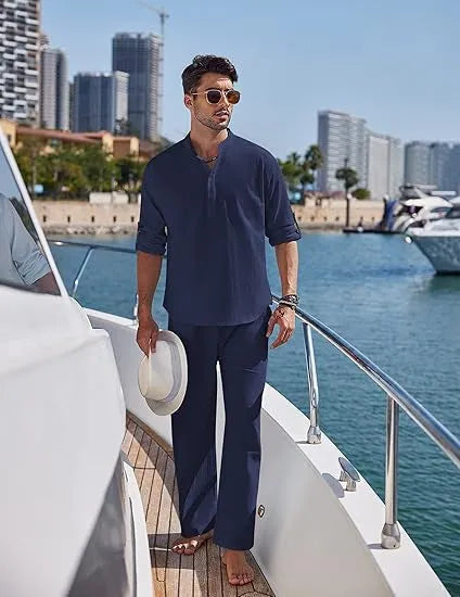 Men's casual cotton long sleeve trousers suit in solid colours on a hanger.