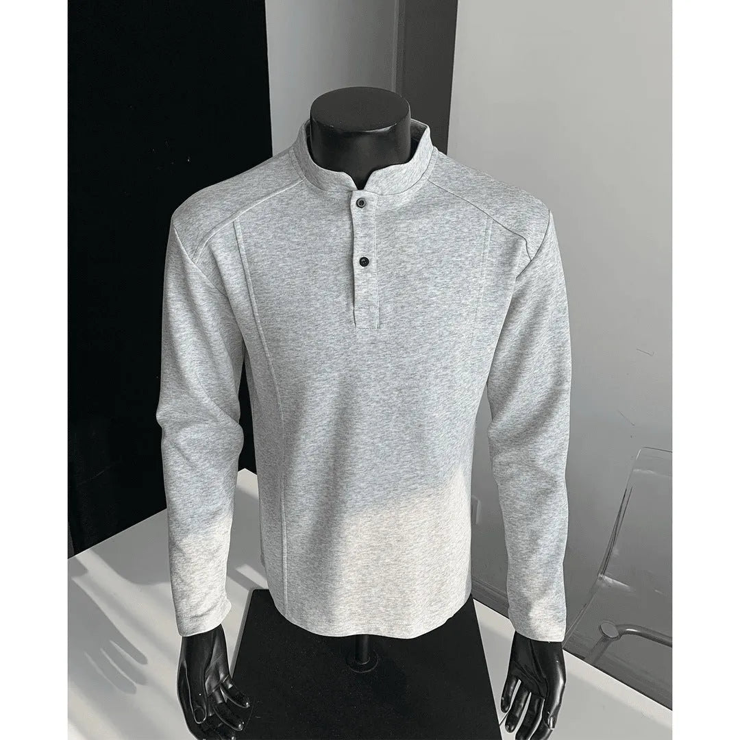 Men's asymmetric stand-up collar polo shirt with patchwork shoulders in Chinese cotton, available in three colours and seven sizes