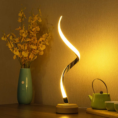 LED Spiral Table Lamp with wooden base and dimmable warm white light