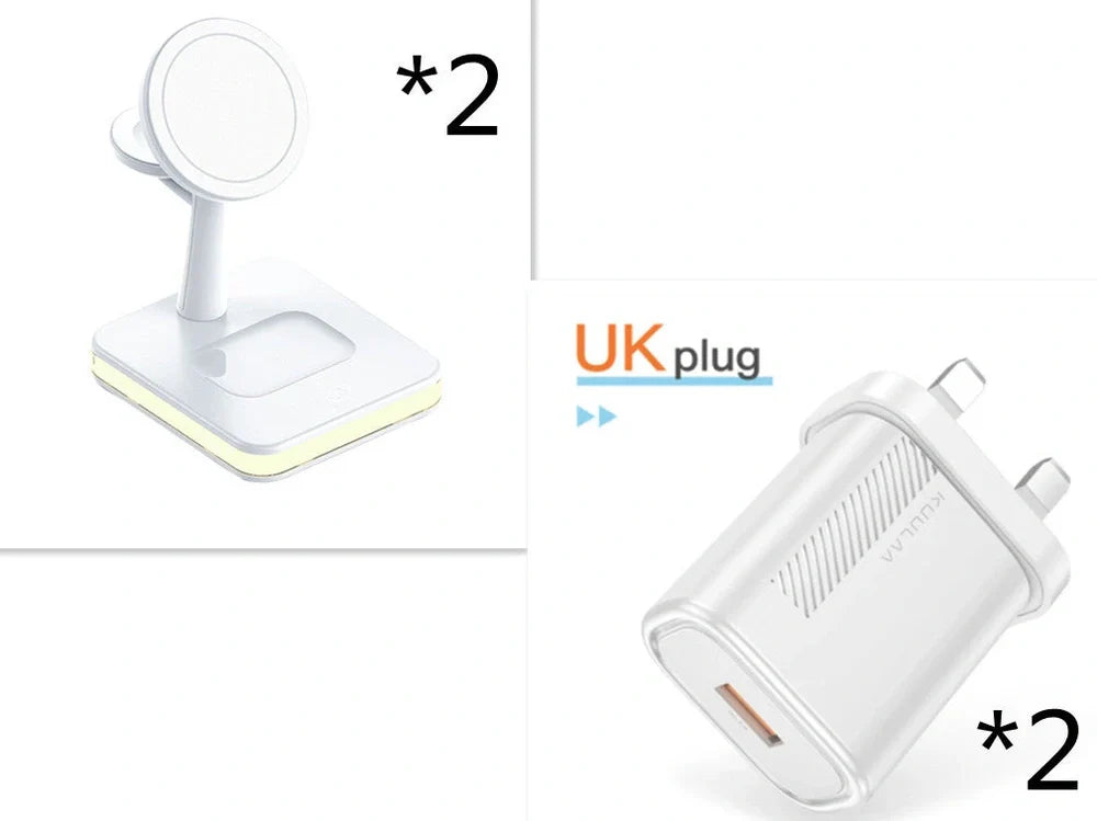 Black three-in-one wireless charger magnetic bracket on a desk charging multiple devices
