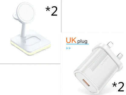 Black three-in-one wireless charger magnetic bracket on a desk charging multiple devices