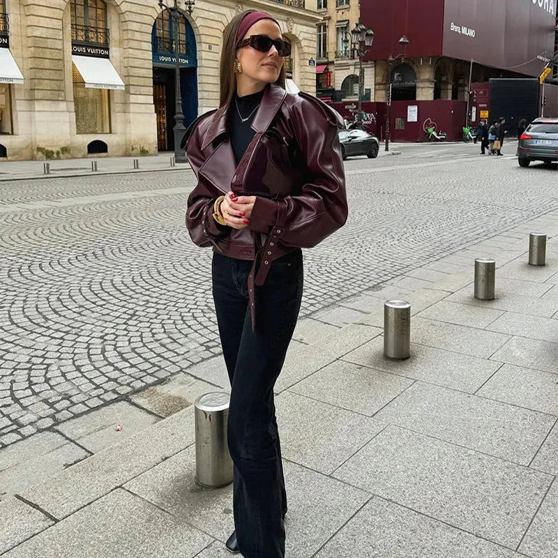 Stylish loose lapel PU leather jacket in multiple colors for women's fashion and streetwear