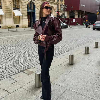 Stylish loose lapel PU leather jacket in multiple colors for women's fashion and streetwear