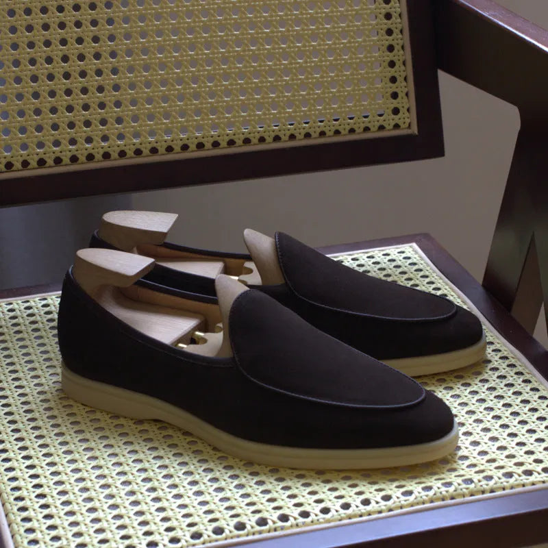Men's full-grain leather loafers in brown with TPR sole, showing low-tube sock design and classic styling