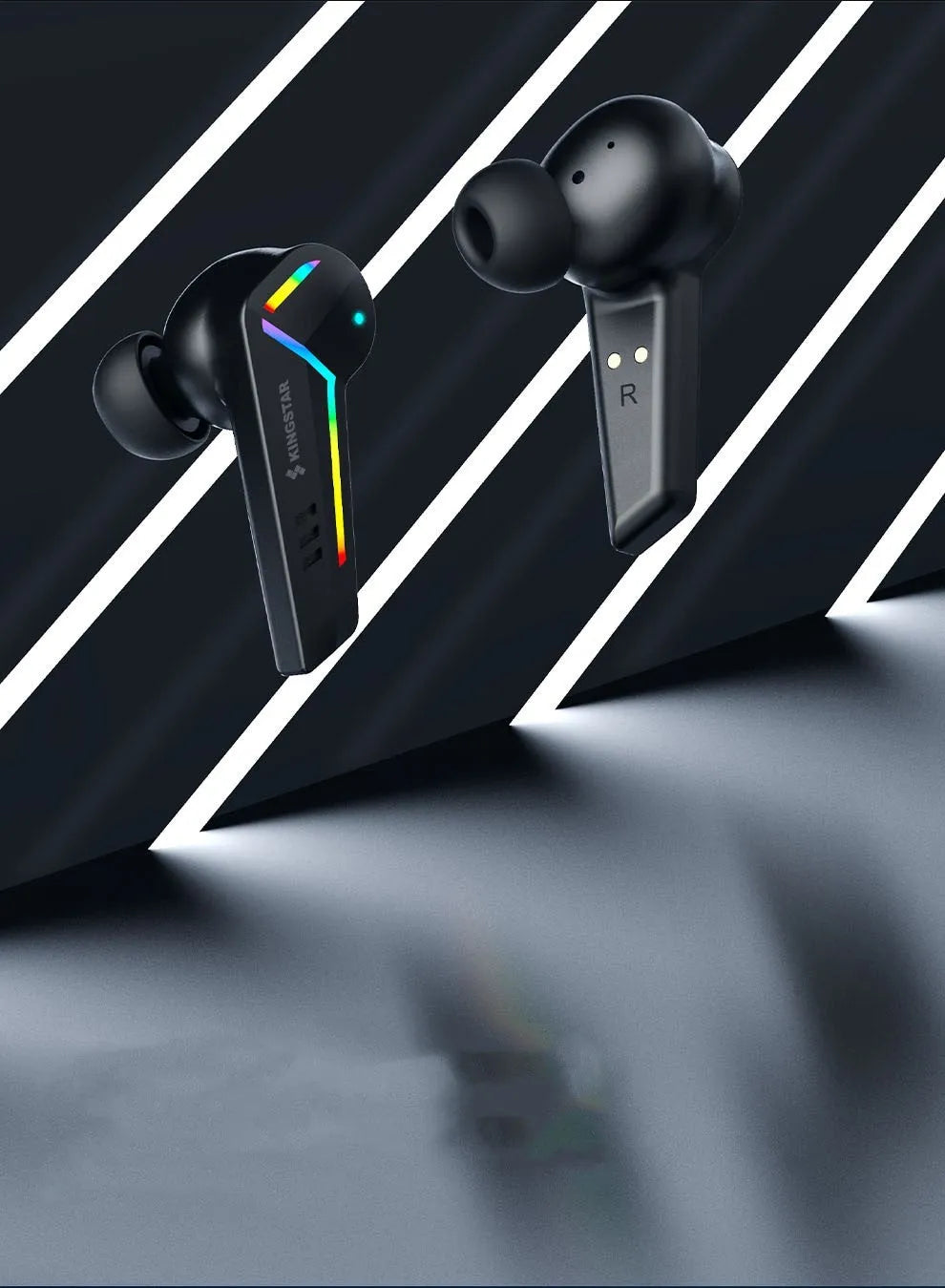 Small black Bluetooth headset with earplug design showing 15m range and low latency for gaming