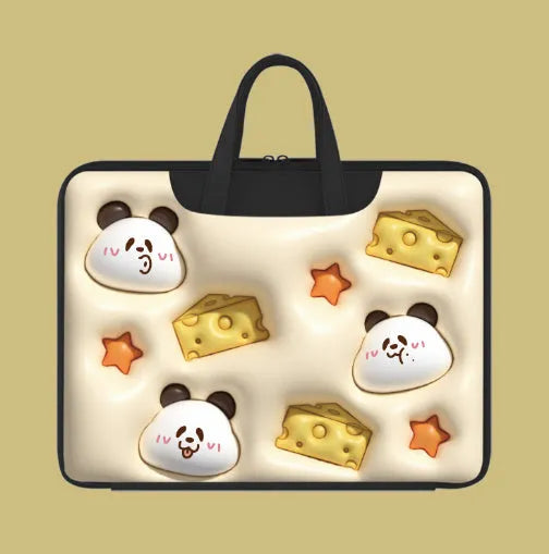 PU leather inflatable laptop bag with strap, shown in a cartoon pattern design, hanging from a suitcase handle.