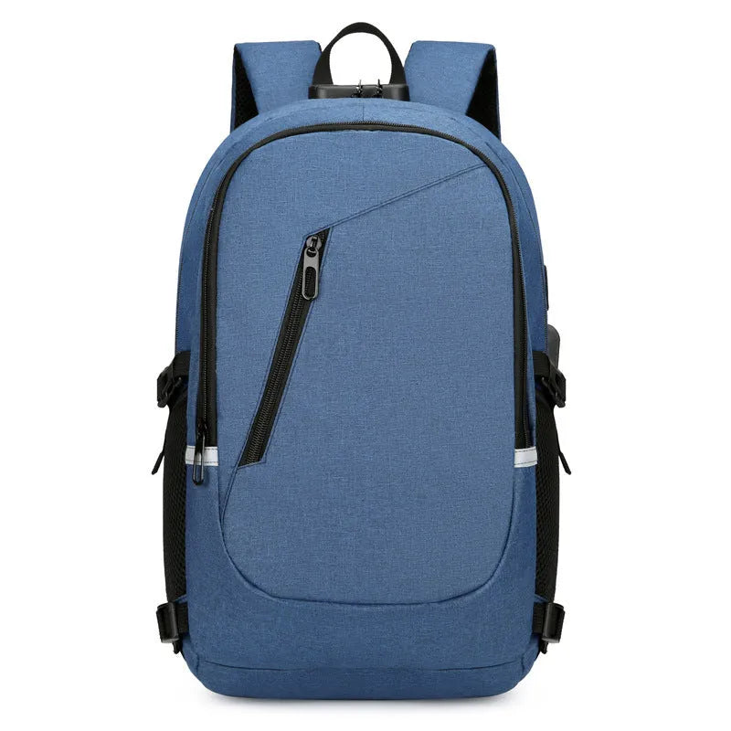 Men's grey computer backpack with 20-35L capacity showing Oxford cloth construction and organisational compartments