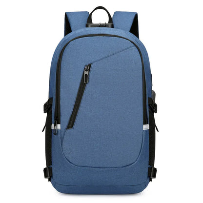 Men's grey computer backpack with 20-35L capacity showing Oxford cloth construction and organisational compartments