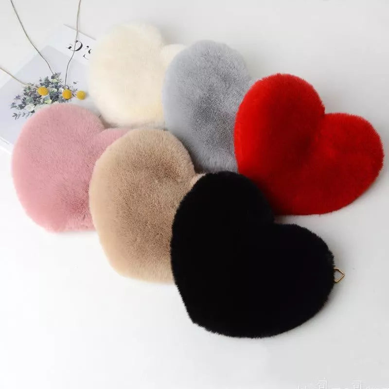 Women's plush chain shoulder bag with heart shape design in various colors