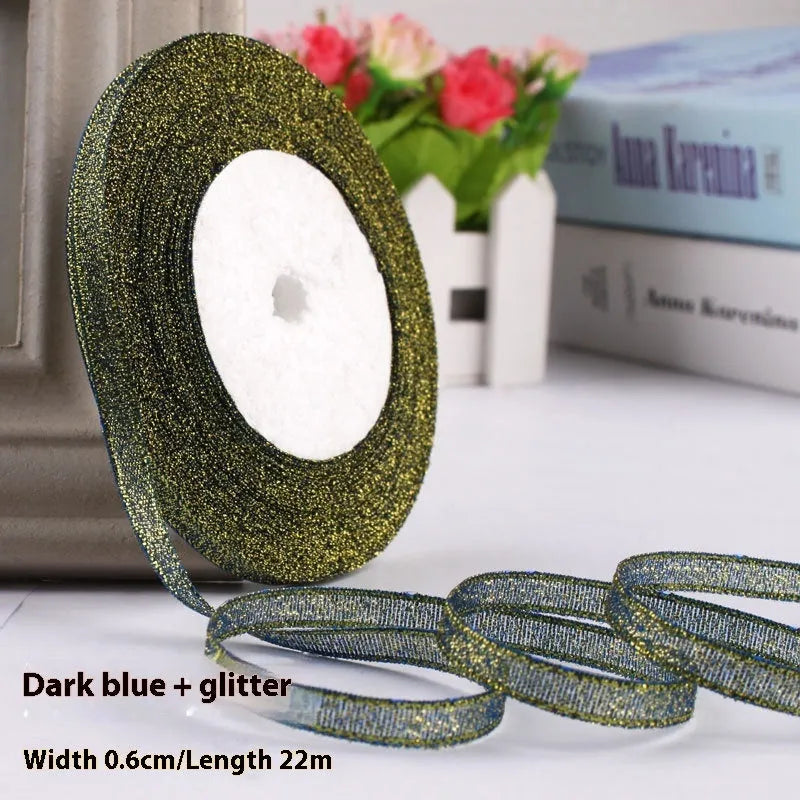 Polyester gift packaging bow ribbon showing 0.6cm width and colour options including gold leaf and metallic variations