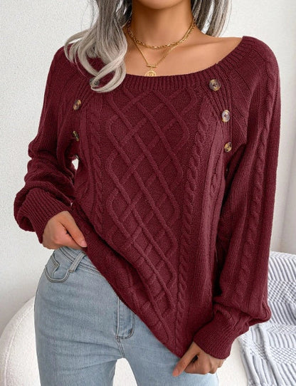 A stylish knitted sweater with a square neckline and button accents, available in a variety of trendy colors for a cozy and fashionable winter look.