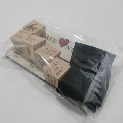 Romantic wooden date night dice set with 5 dice, date planner board, and storage bag for spontaneous couple's activities