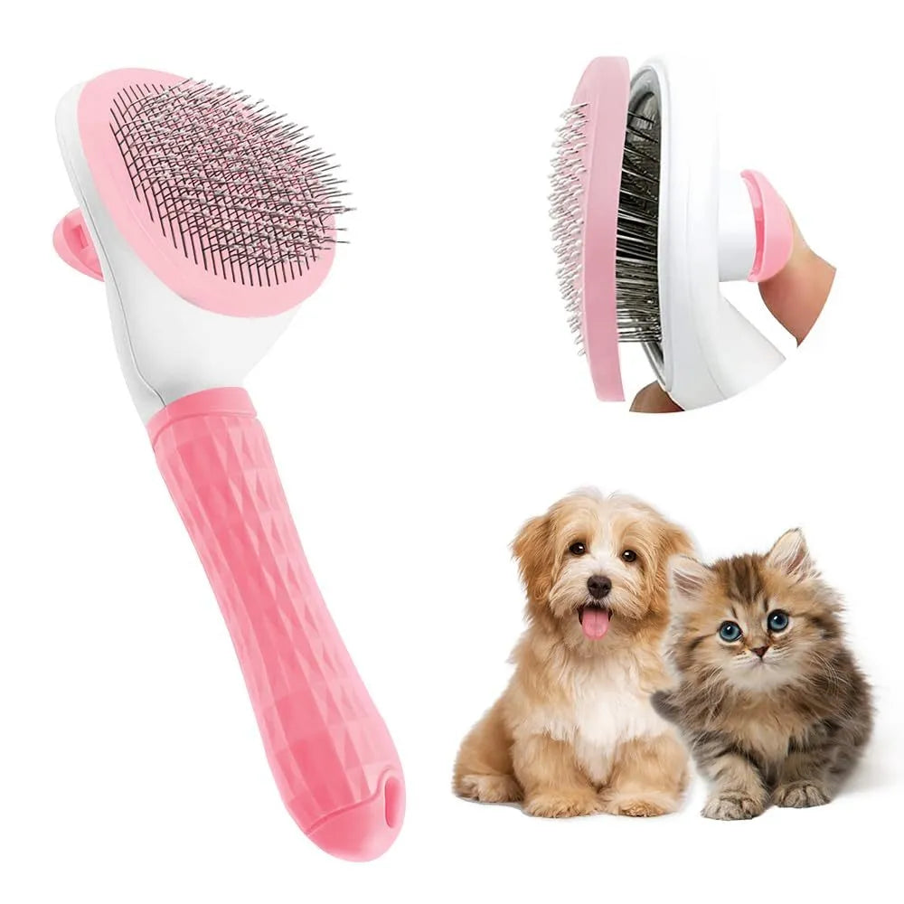 Blue cat brush with release button and fine wire bristles for grooming pets