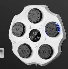 Black hanging boxing wall target with Bluetooth connectivity and included gloves for home fitness training