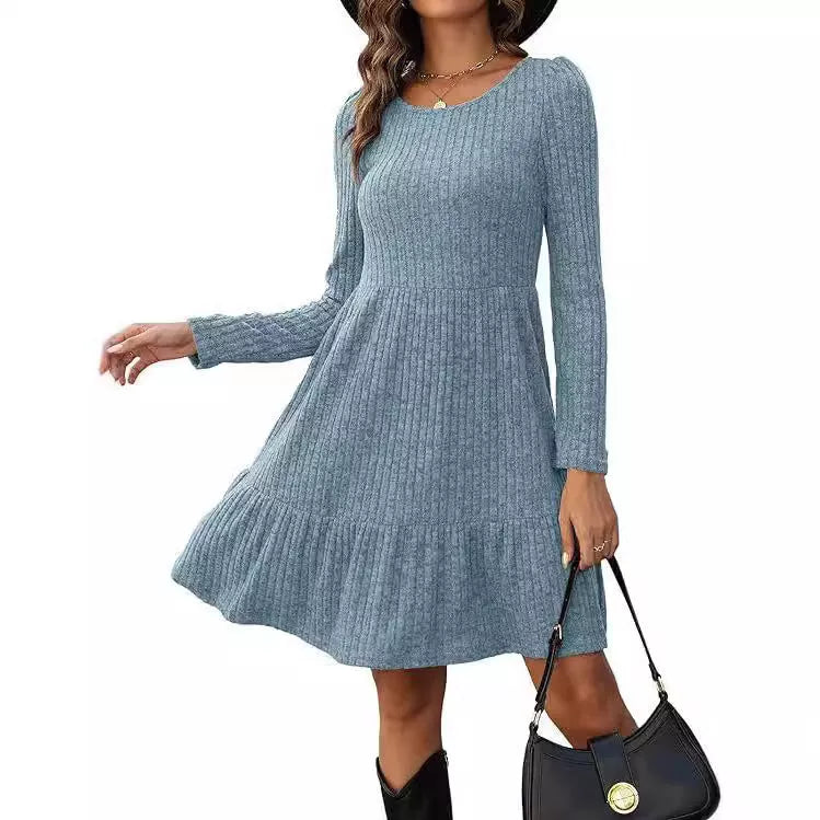 Solid color round neck knitted dress sweater in various colors and sizes