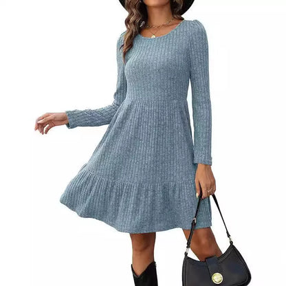 Solid color round neck knitted dress sweater in various colors and sizes