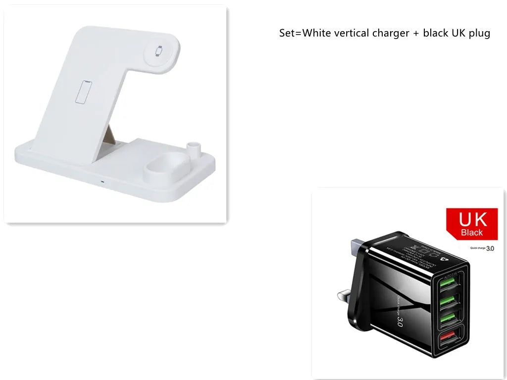 4-in-1 wireless charging station with adjustable magnetic stand charging phone, watch, AirPods, and Apple Pencil