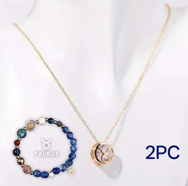 A natural stone beaded necklace and matching adjustable bracelet laid flat.