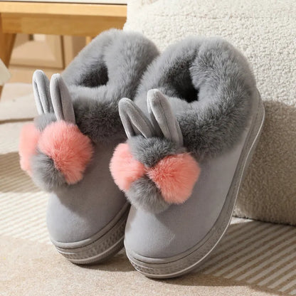 Winter high heel slippers with plush upper and textured non-slip TPR sole in grey.
